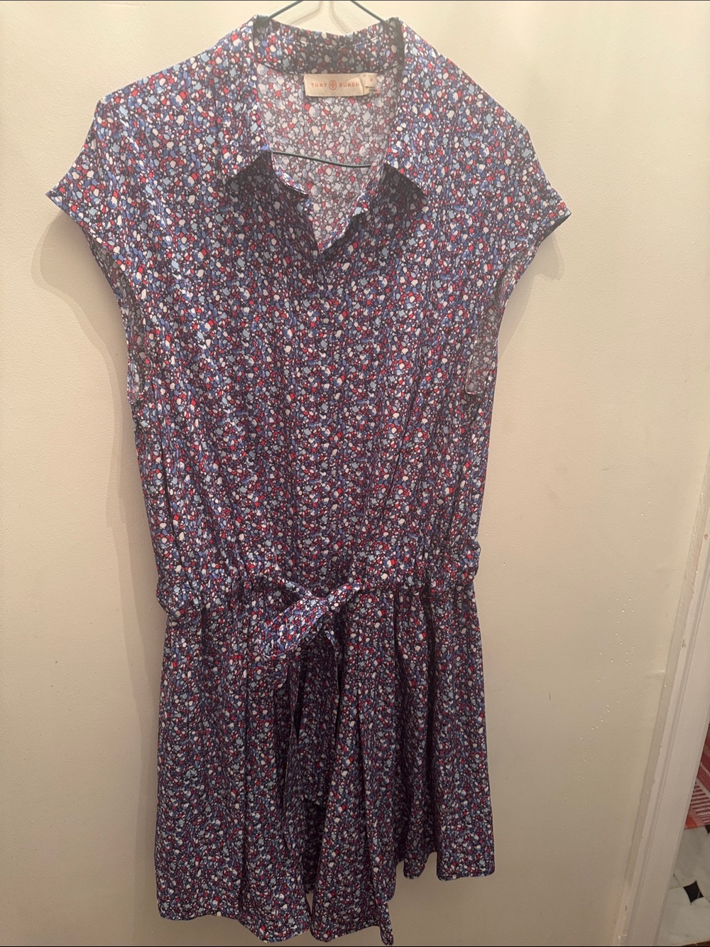 Tory Burch Navy Floral Collared Midi Dress with Red & White Accents